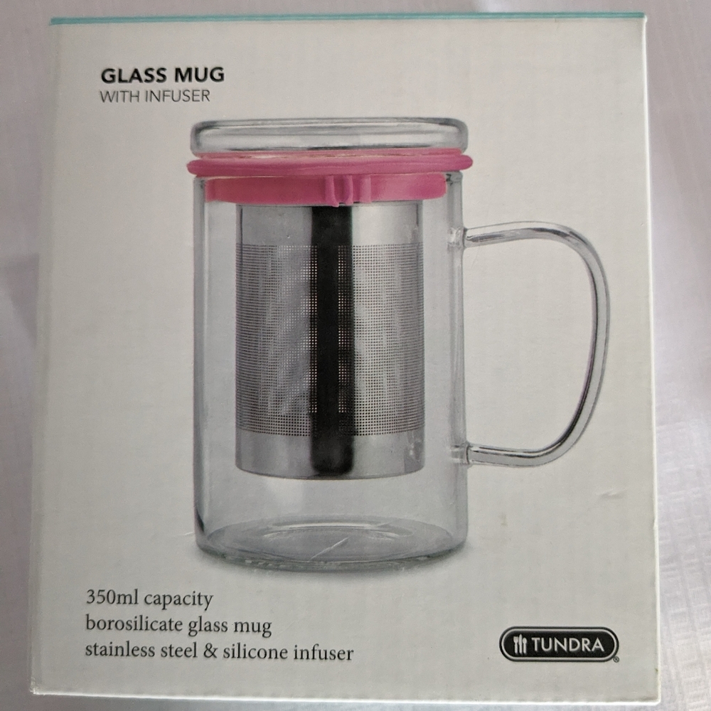 Glass mug with lid stainless steel loose leaf infuser Tundra 12 ounce